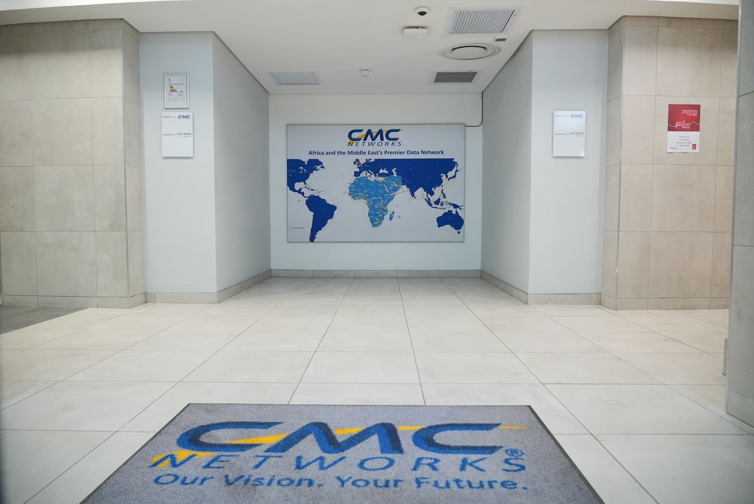 The entrance foyer with the CMC Networks floor logo