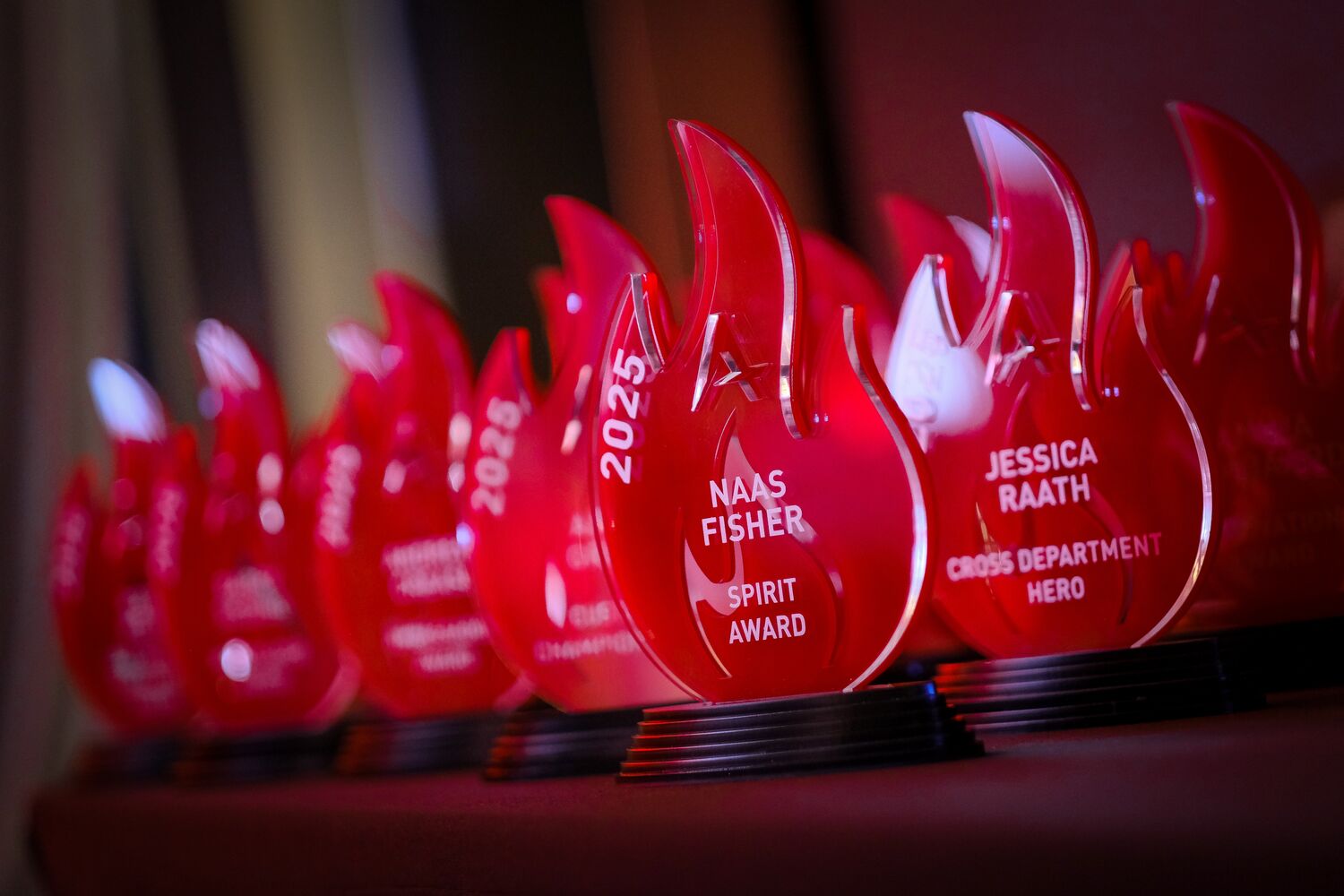 The employee award trophies on display