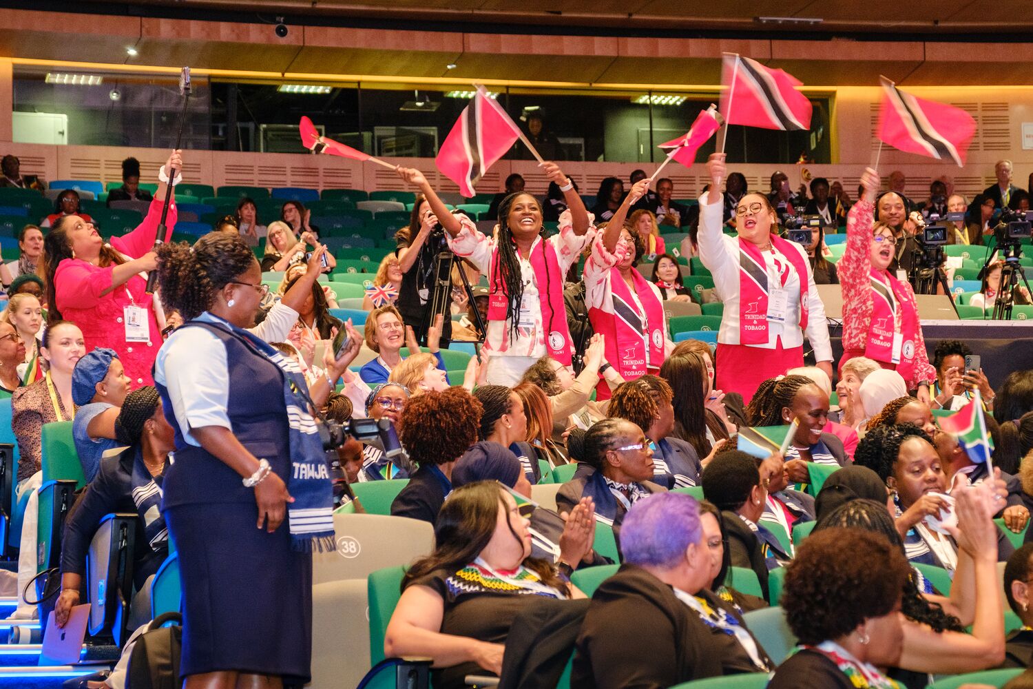 Delegates waving flags in celebration
