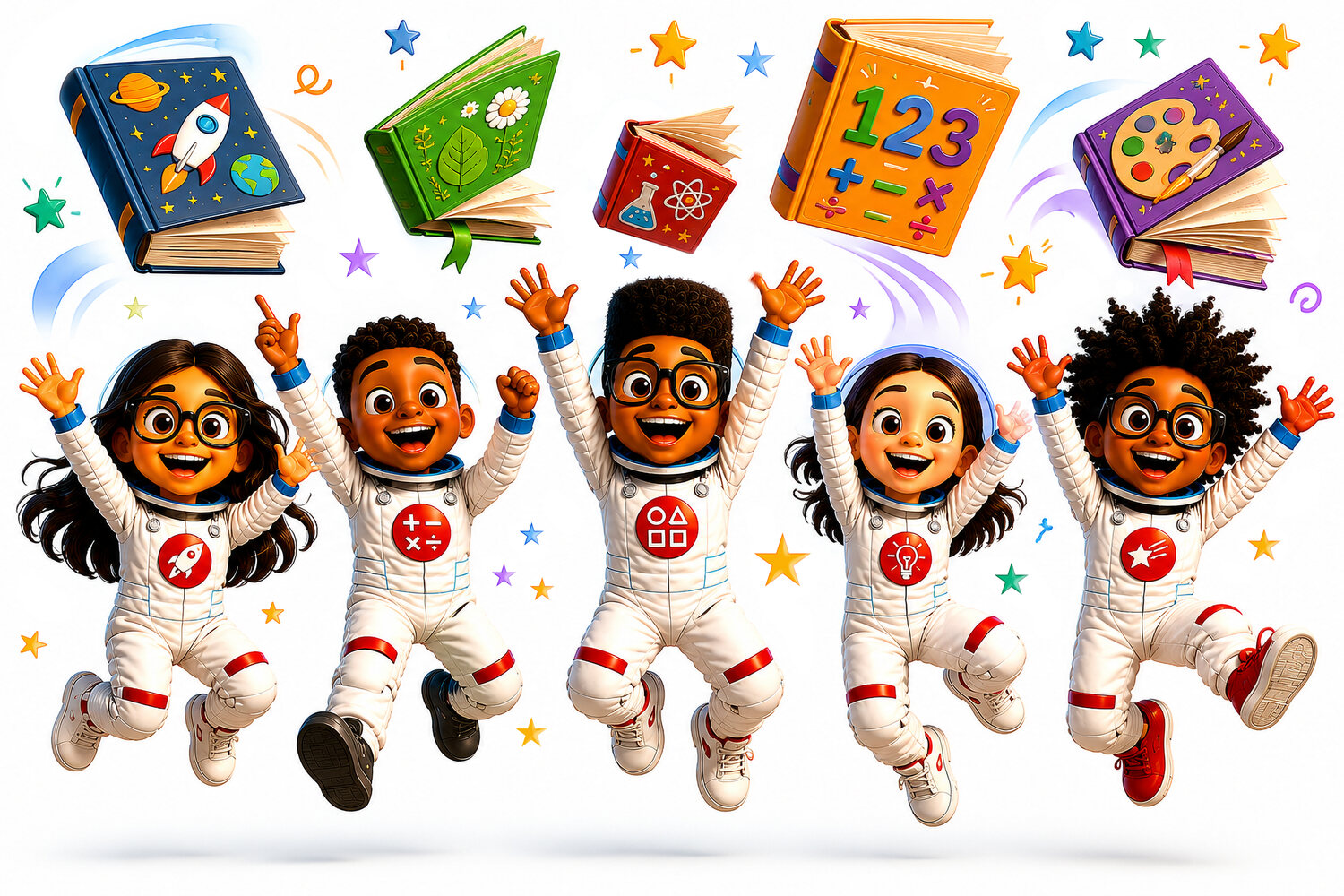High-resolution Reading Rocket expo artwork — young reading astronauts surrounded by colourful books and educational imagery