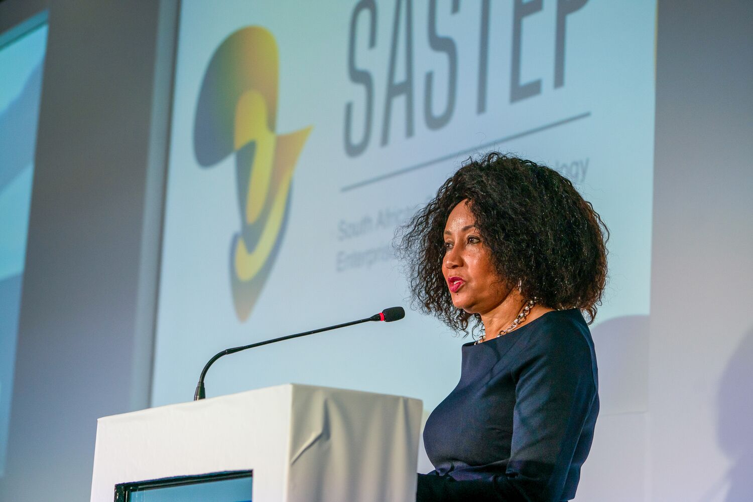 A speaker addressing the conference audience